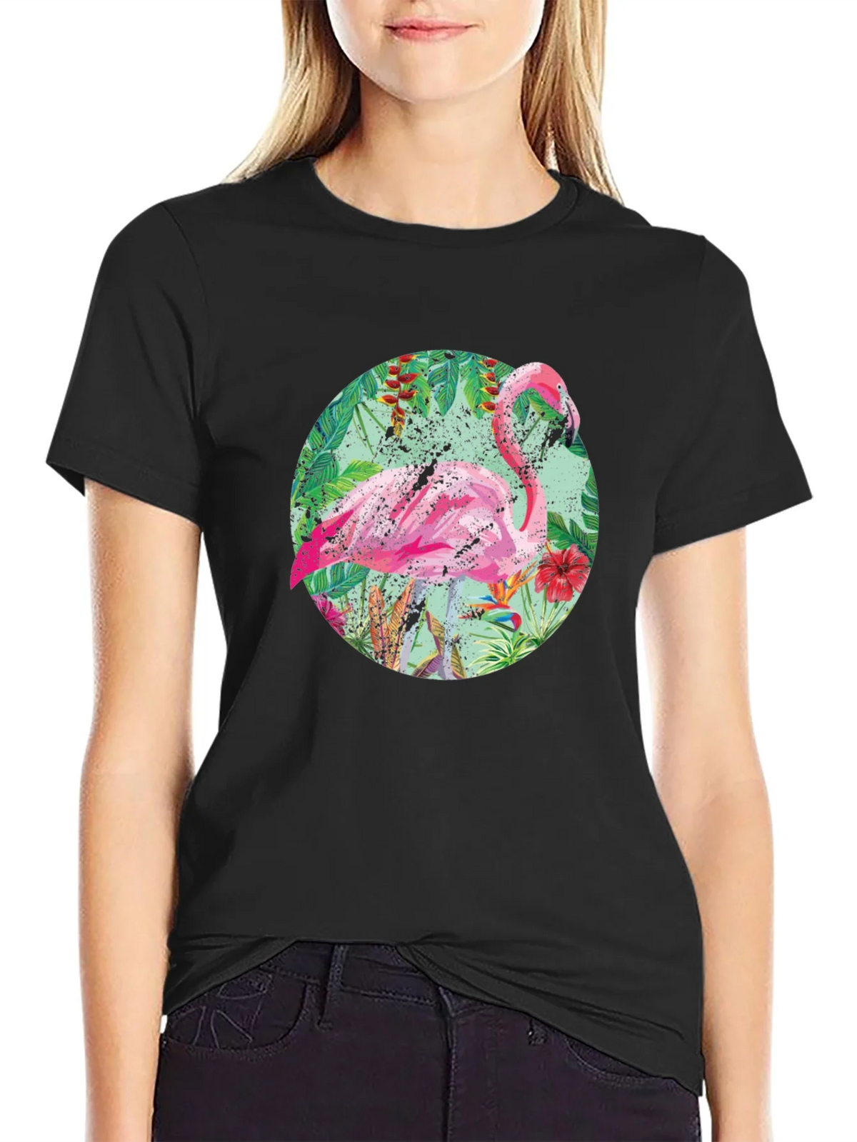Tropical Flamingo T-Shirt - Black Cotton Tee product image 2