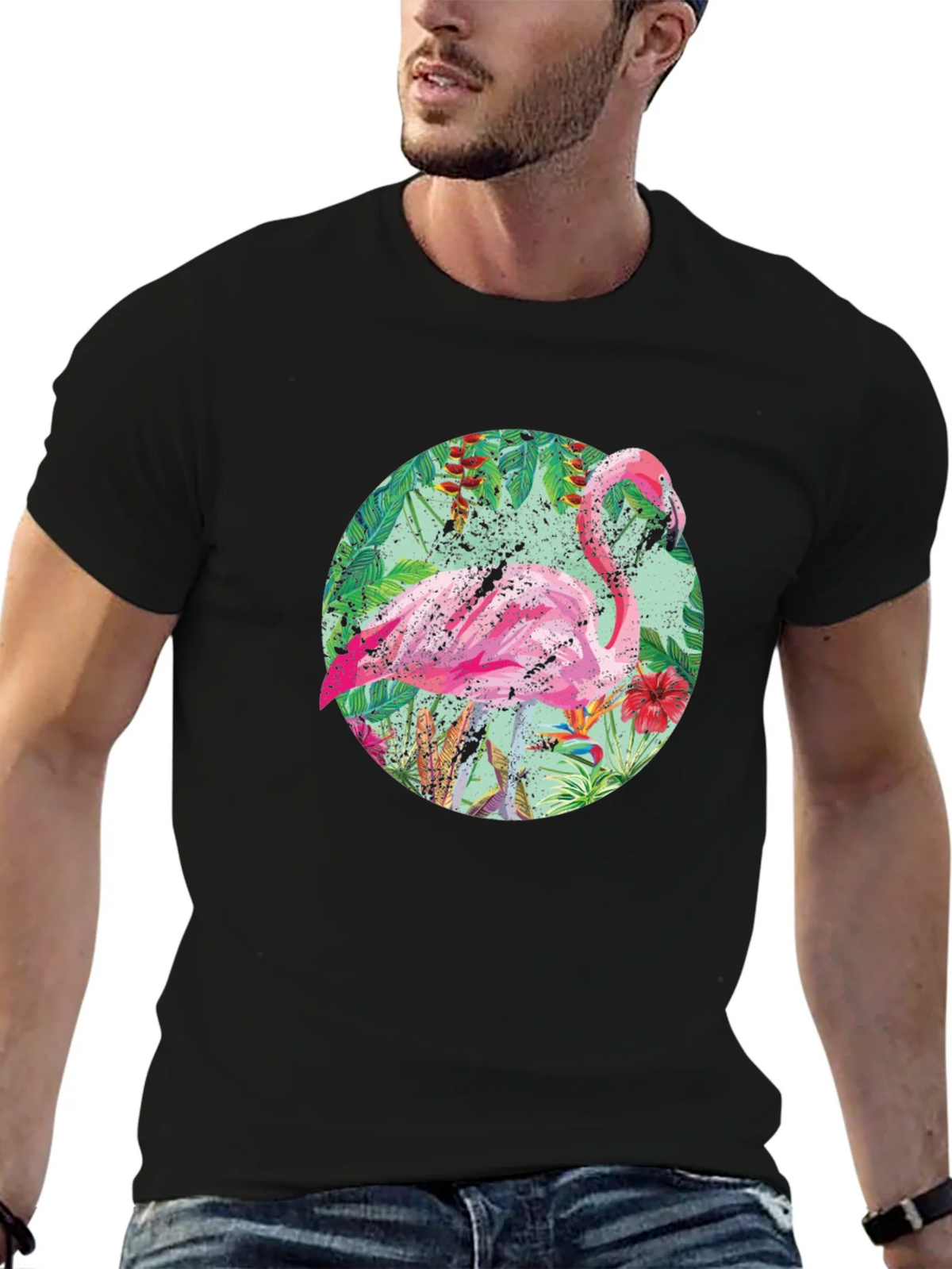 Tropical Flamingo T-Shirt - Black Cotton Tee product image 6