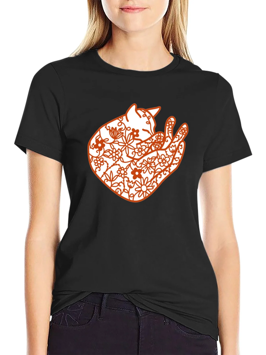 Floral Cat Graphic Tee - Black Comfort Fit product image 2