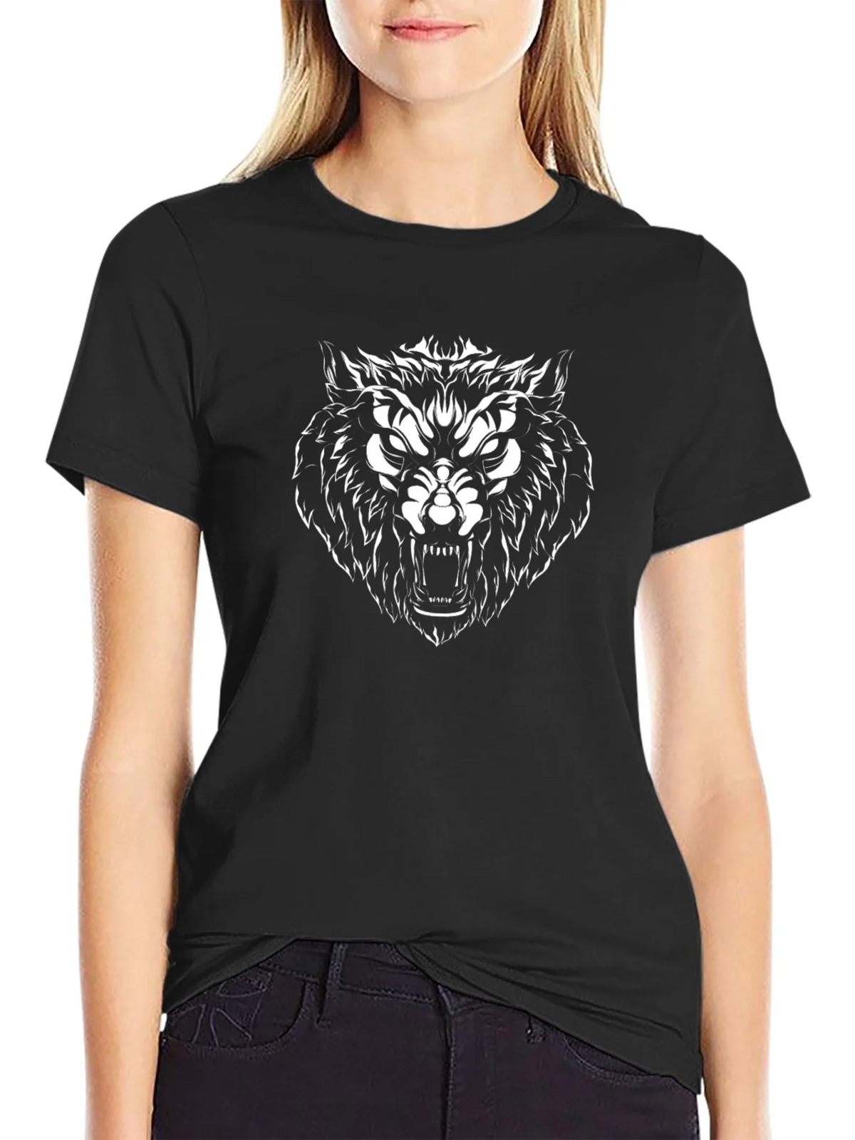 Mens Black T-Shirt with Fierce Wolf Graphic product image 2