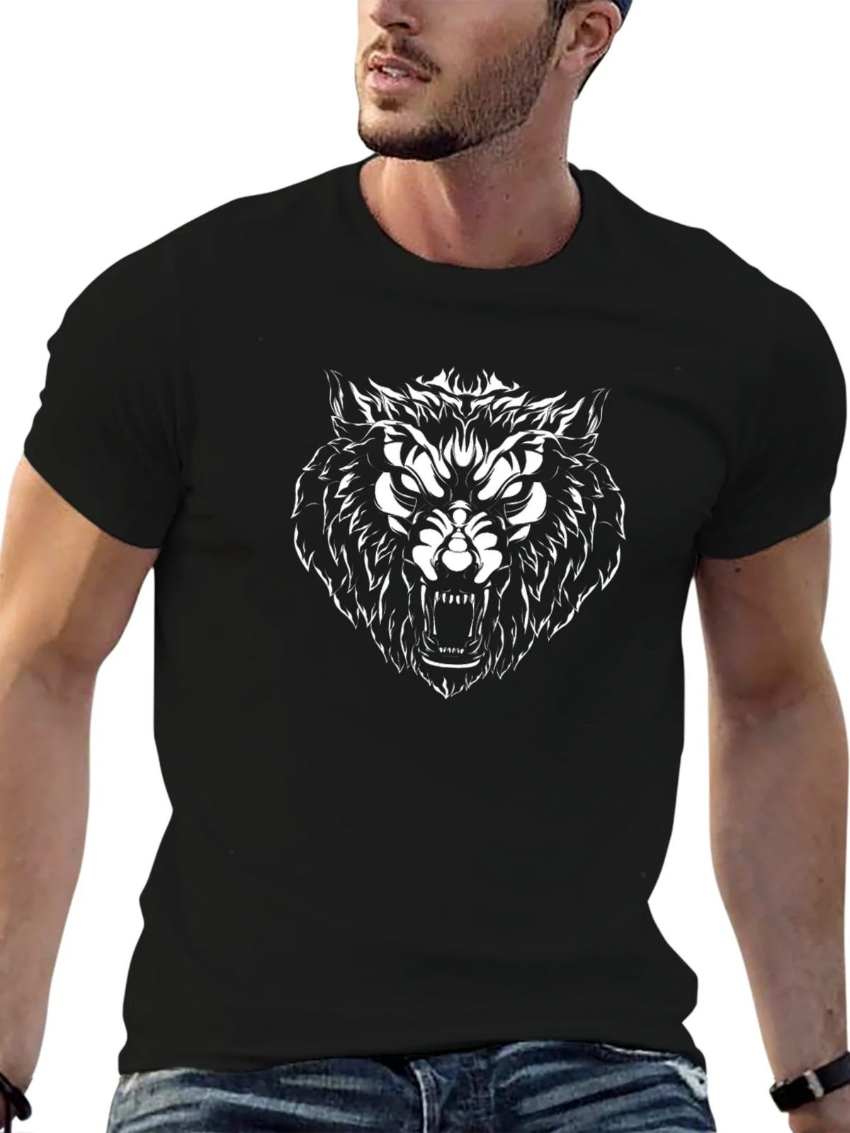 Mens Black T-Shirt with Fierce Wolf Graphic product image 6
