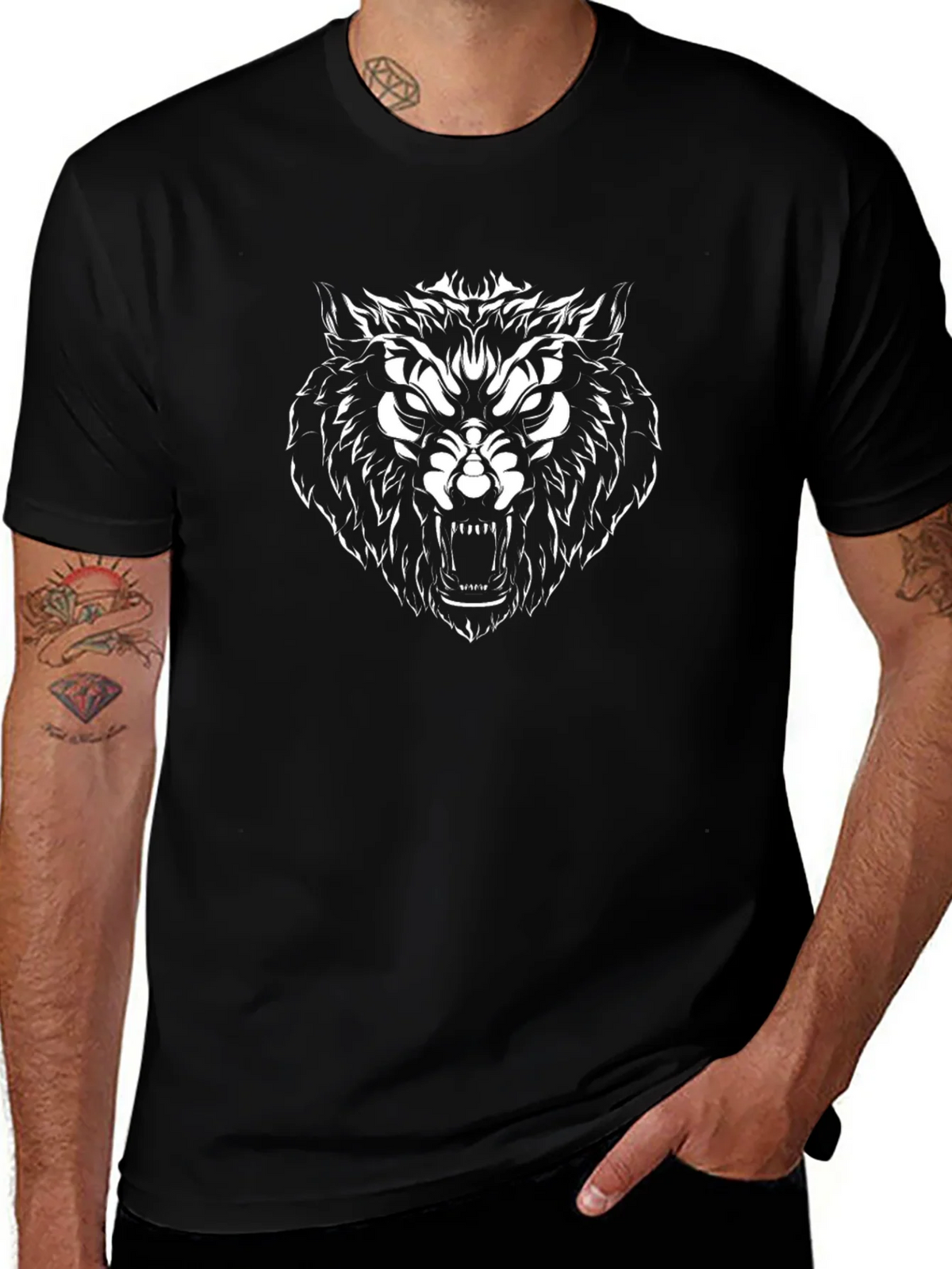 Mens Black T-Shirt with Fierce Wolf Graphic product image 1