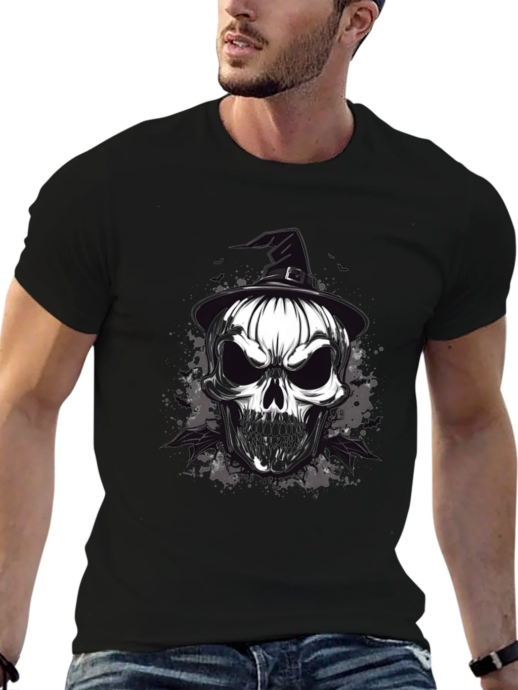 Skull & Witch Hat Graphic Tee - Halloween Ready
