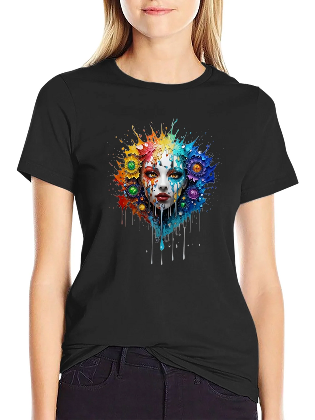 Artistic Colorful Face Graphic Tee - Black product image 2
