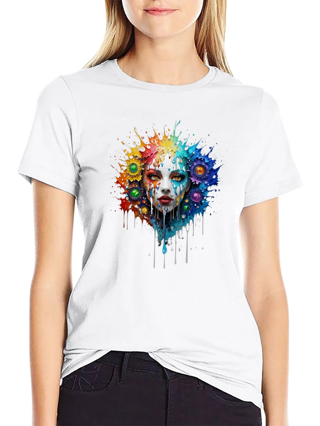 Artistic Colorful Face Graphic Tee - Black product image 8