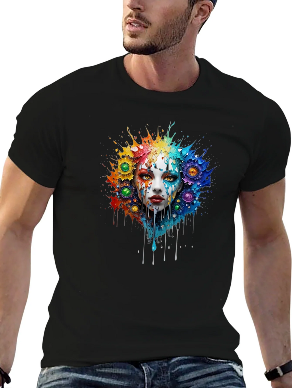 Artistic Colorful Face Graphic Tee - Black product image 6