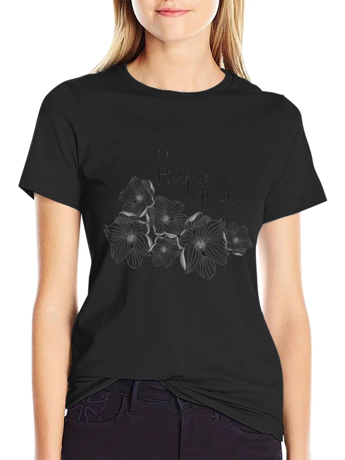 Hey Girl Floral Graphic Tee - Black Cotton Blend Casual Top product image 2