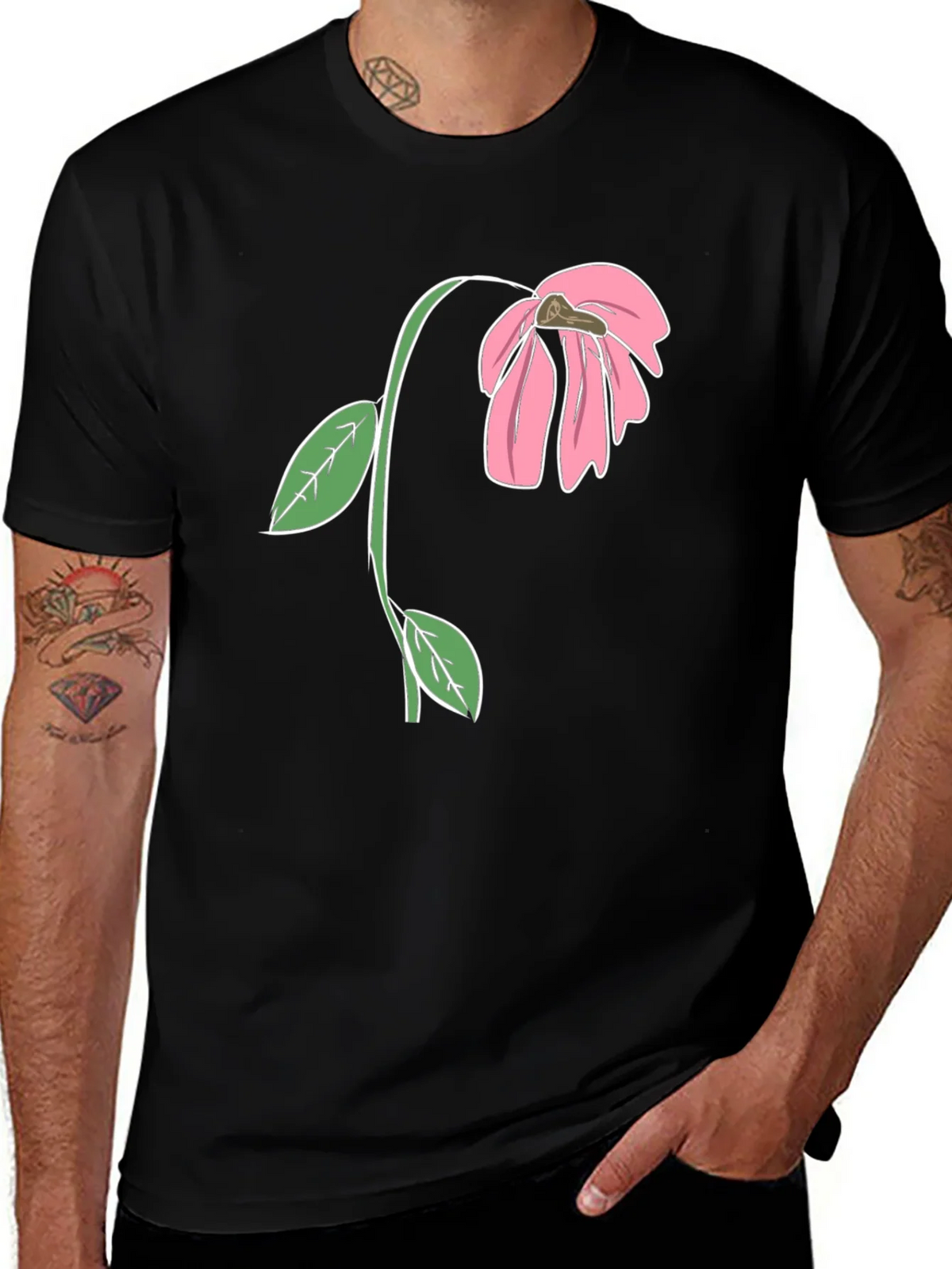 Black T-Shirt with Wilted Flower Graphic product image 1