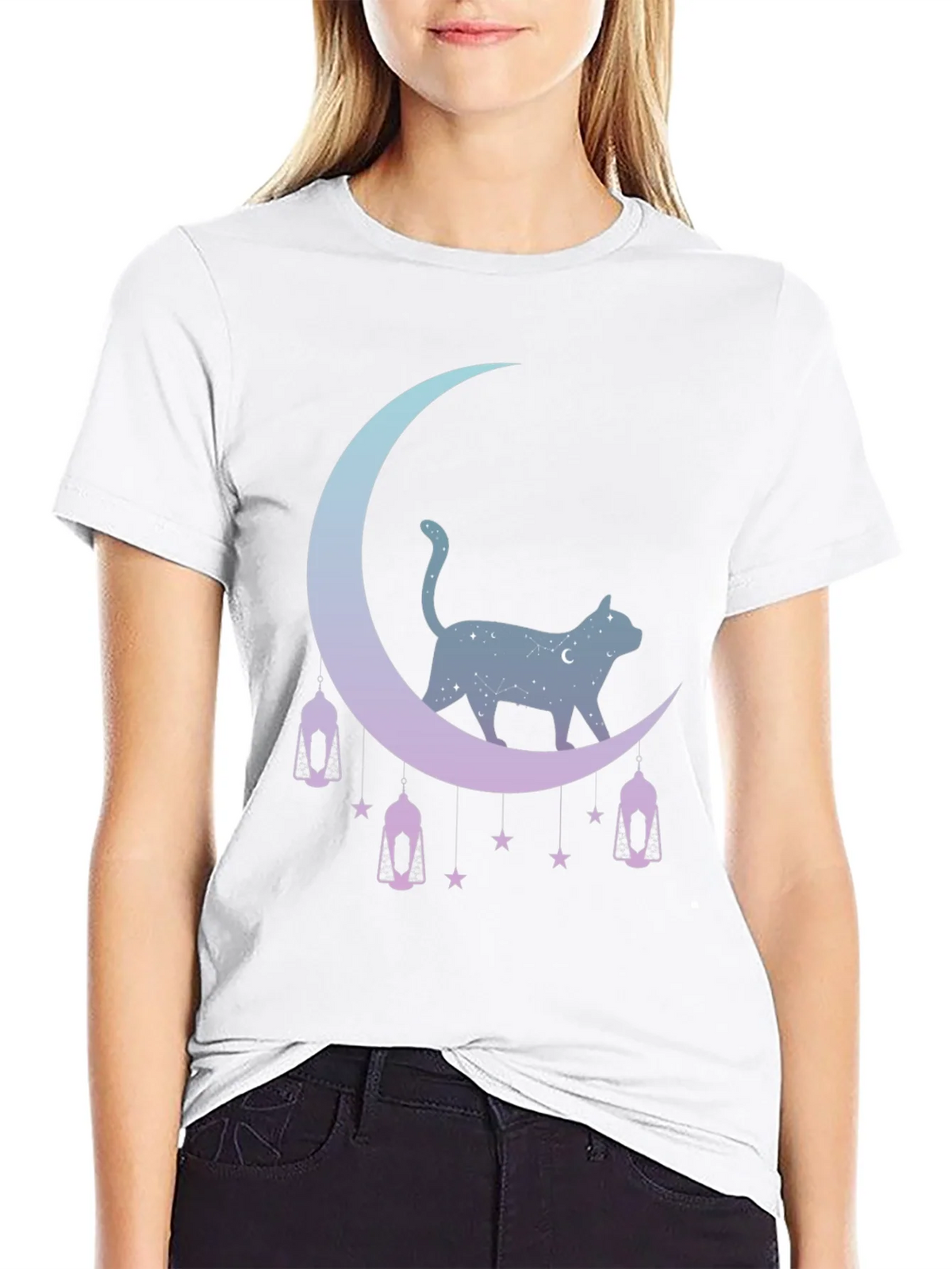 Celestial Cat Moon Graphic Tee - Black product image 8