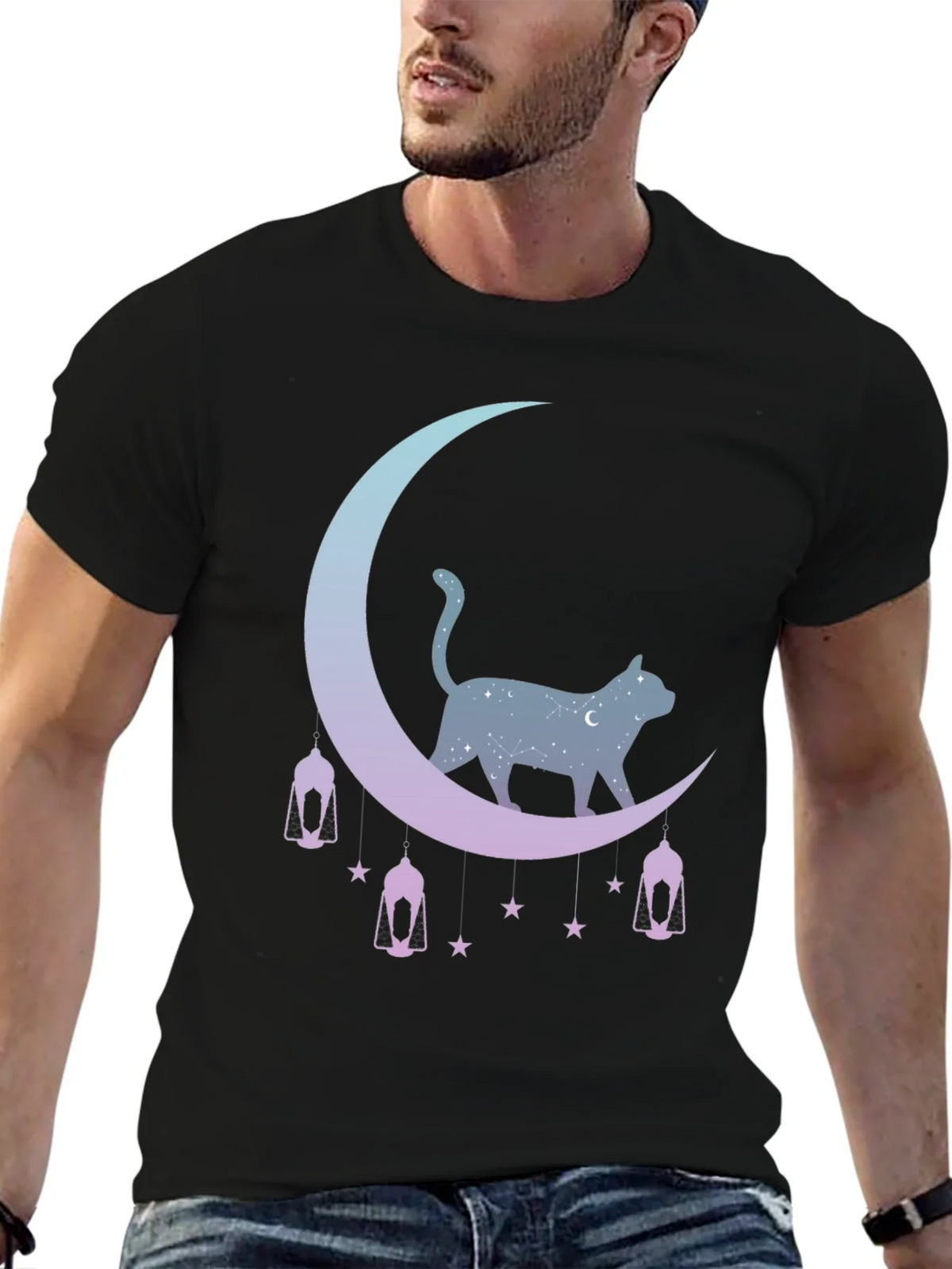 Celestial Cat Moon Graphic Tee - Black product image 6