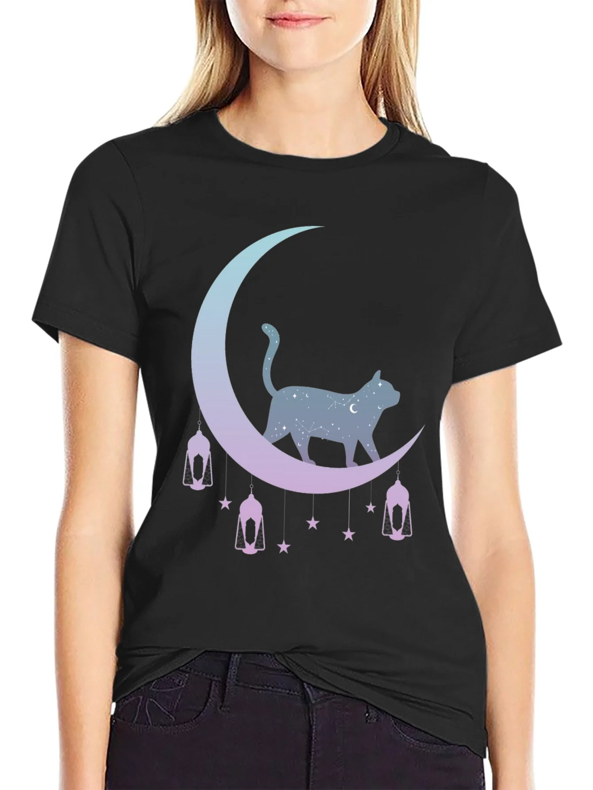 Celestial Cat Moon Graphic Tee - Black product image 2