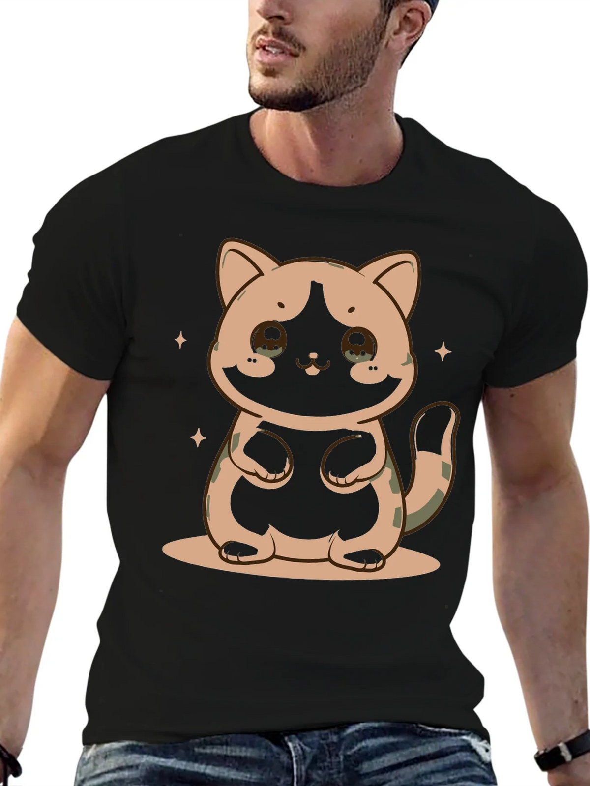 Cute Cat Graphic Print Black T-Shirt product image 6