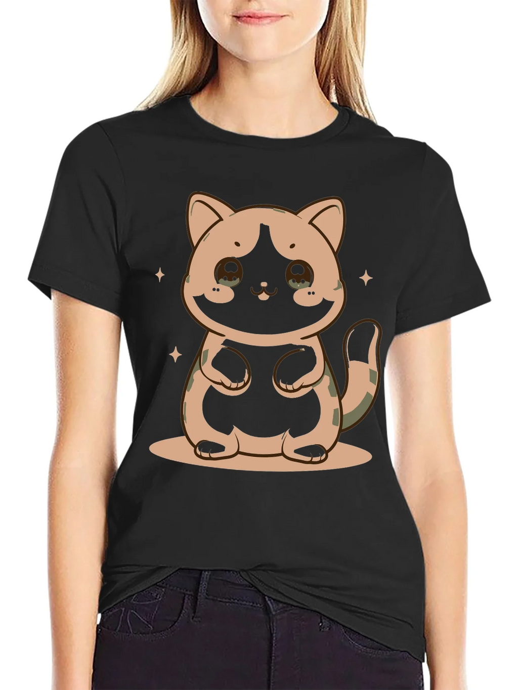 Cute Cat Graphic Print Black T-Shirt product image 2