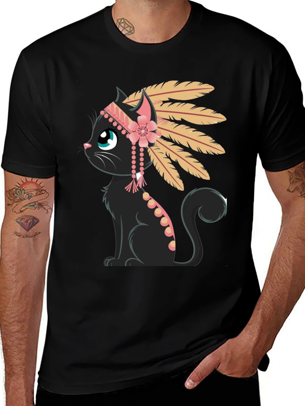 Indian Cat T-Shirt - Black Tee with Graphic product image 1