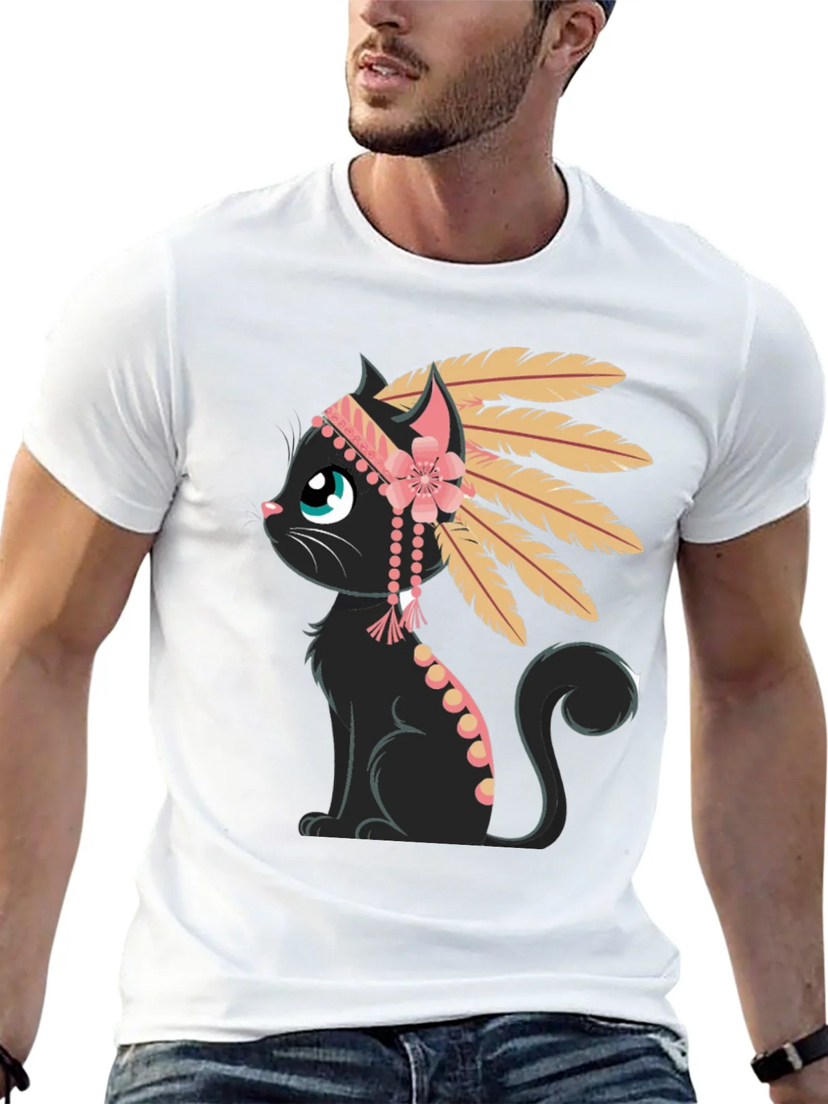 Indian Cat T-Shirt - Black Tee with Graphic product image 12