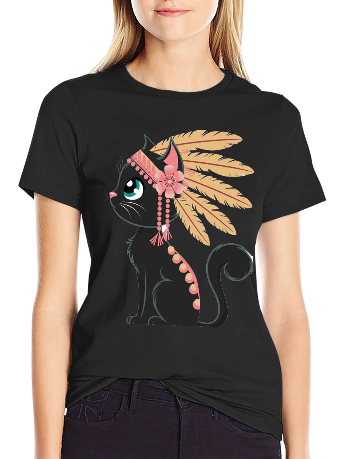 Indian Cat T-Shirt - Black Tee with Graphic product image 2