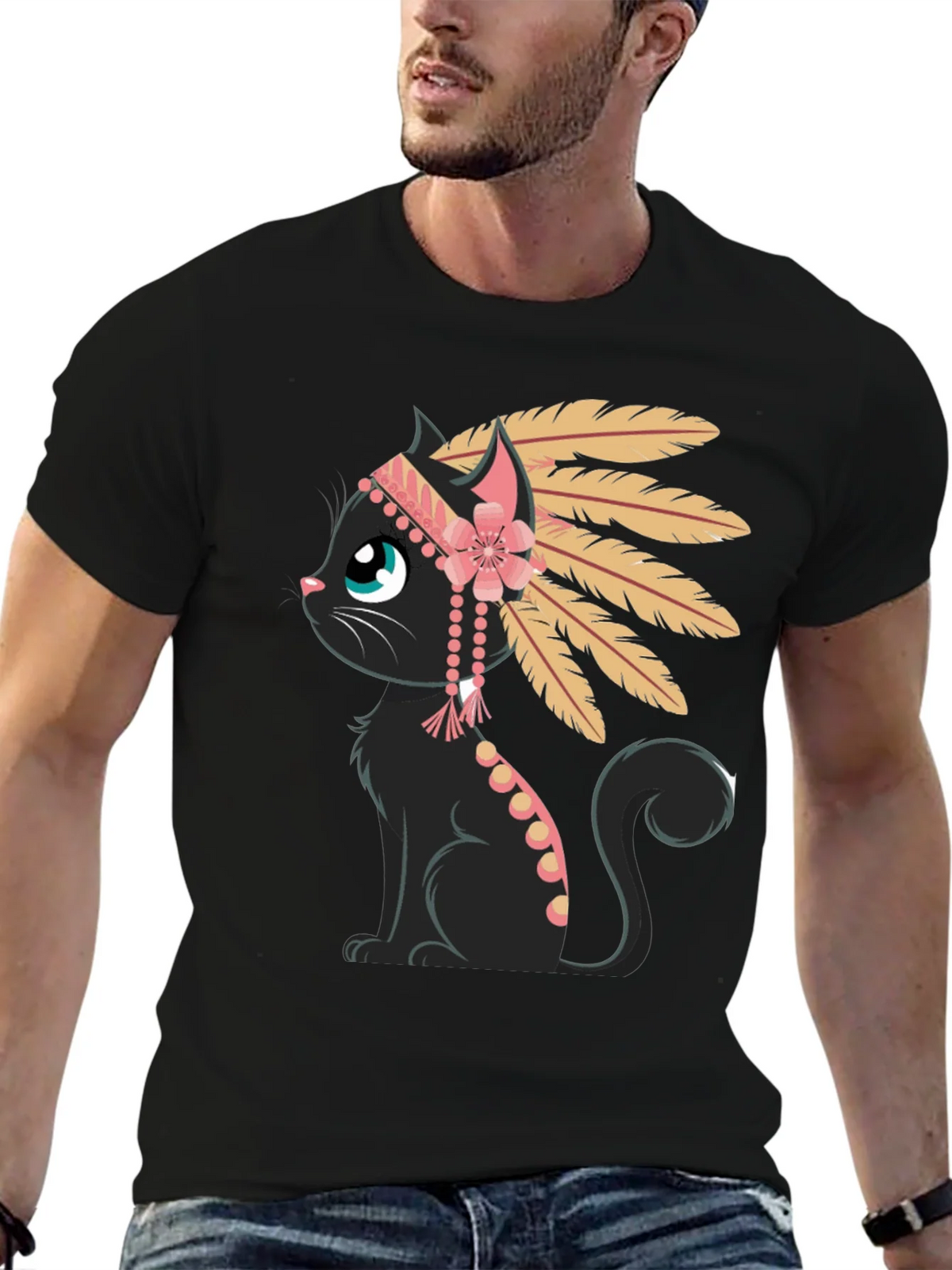 Indian Cat T-Shirt - Black Tee with Graphic product image 6