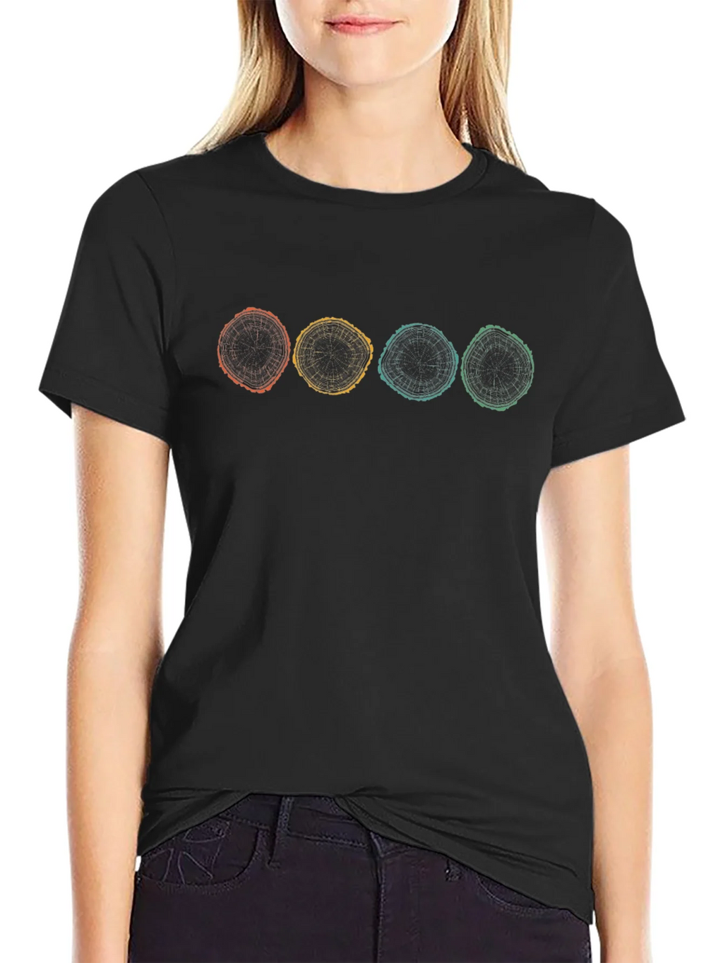 Retro Tree Ring Graphic Tee - Black Cotton Shirt