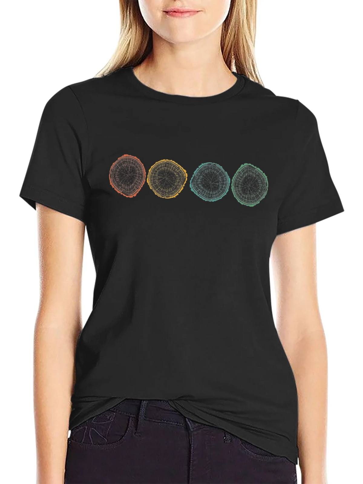 Retro Tree Ring Graphic Tee - Black Cotton Shirt