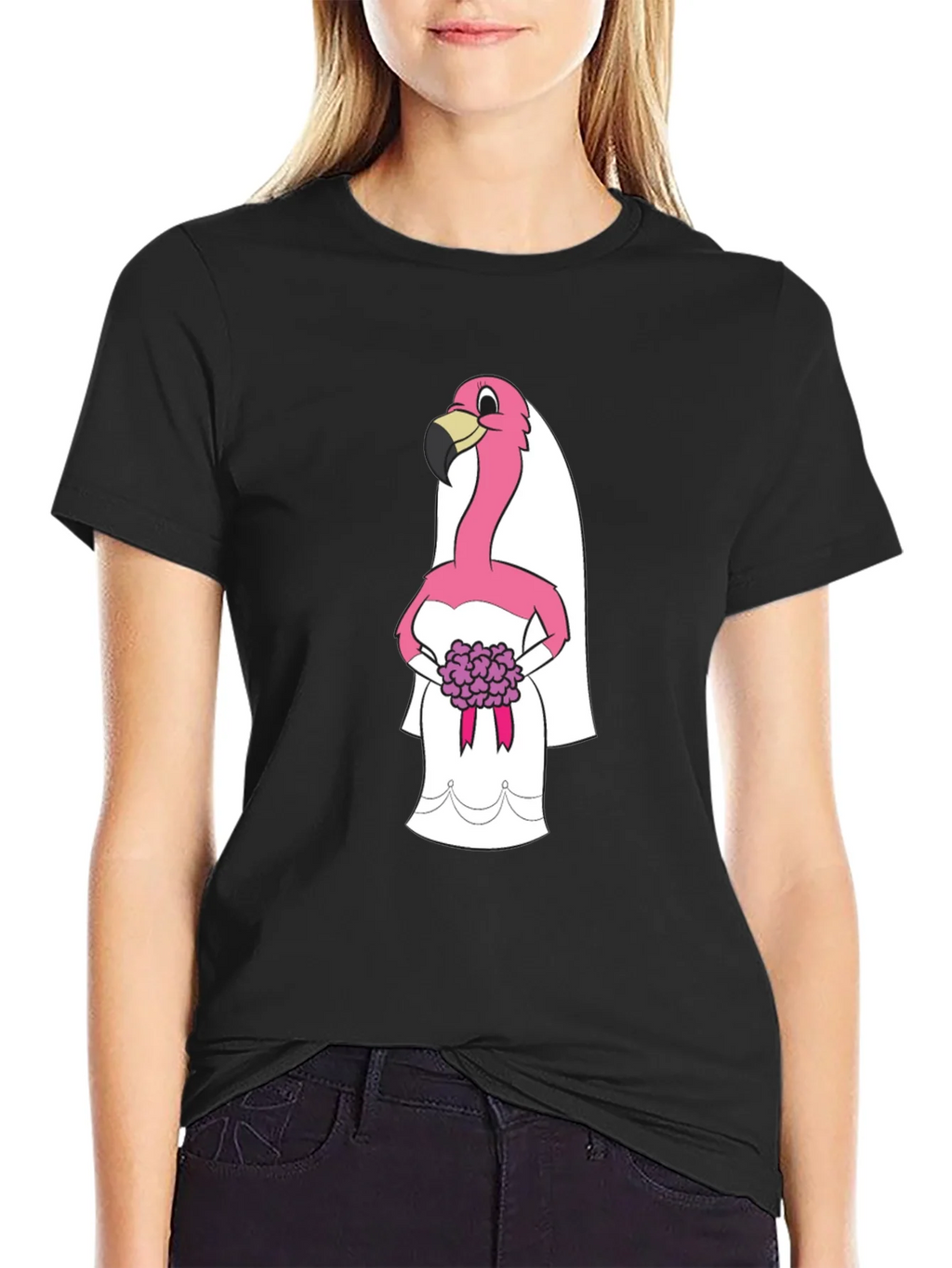 Black T-Shirt with Flamingo Bride Graphic product image 2