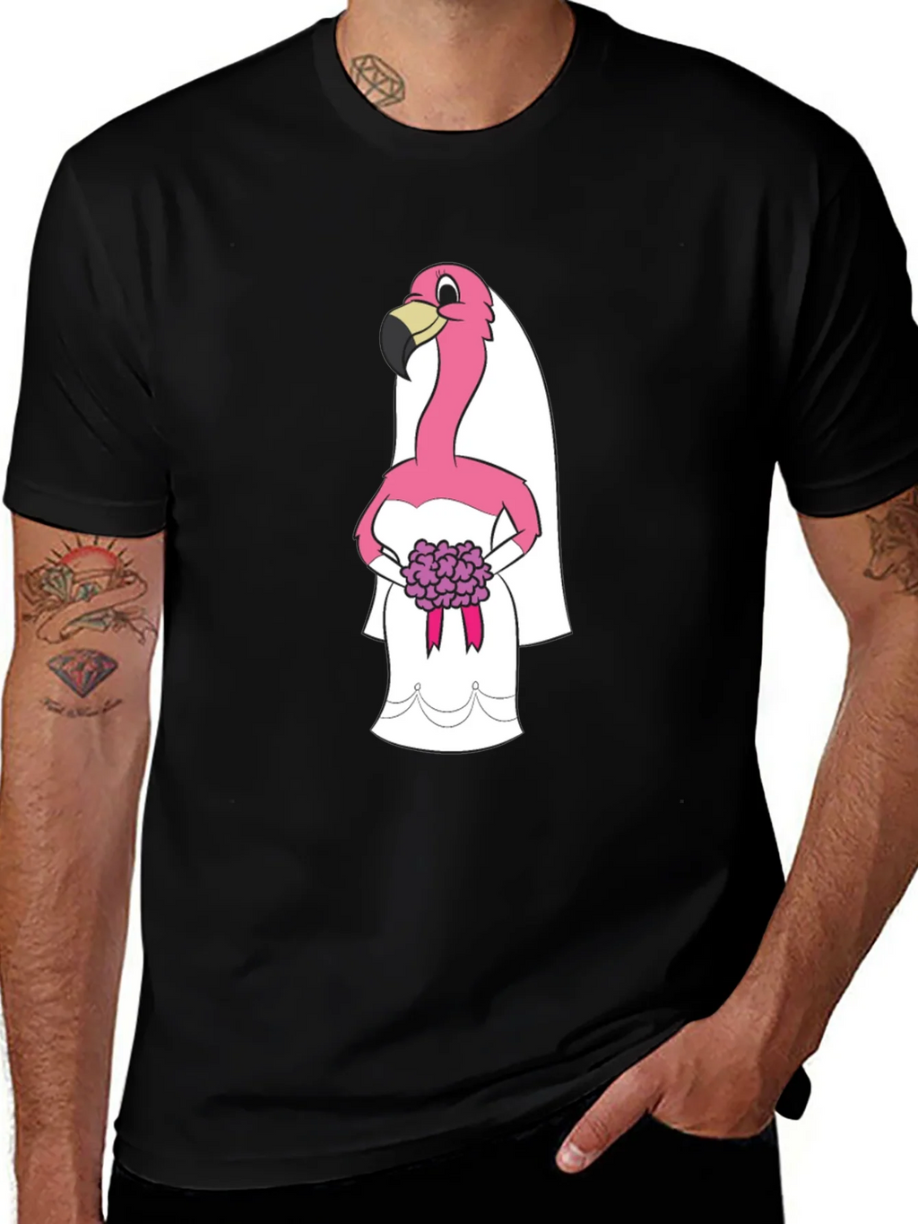 Black T-Shirt with Flamingo Bride Graphic product image 1