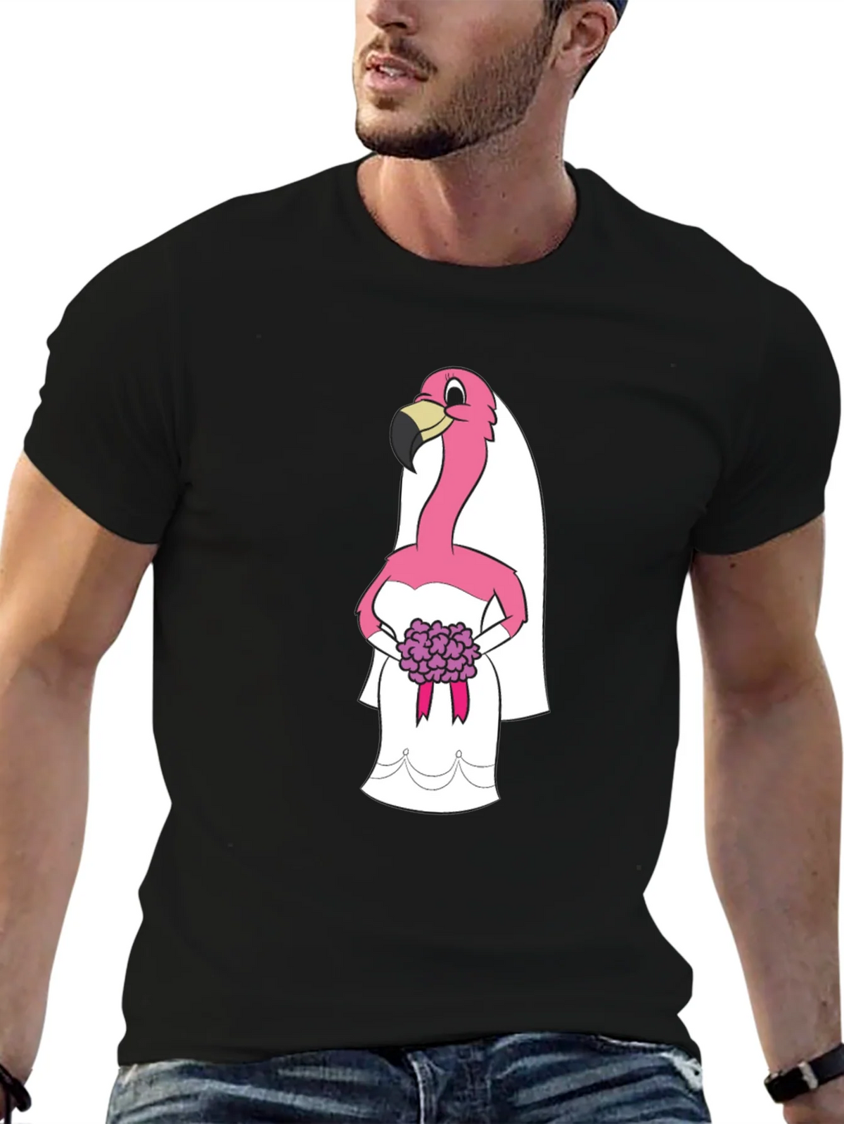 Black T-Shirt with Flamingo Bride Graphic product image 6