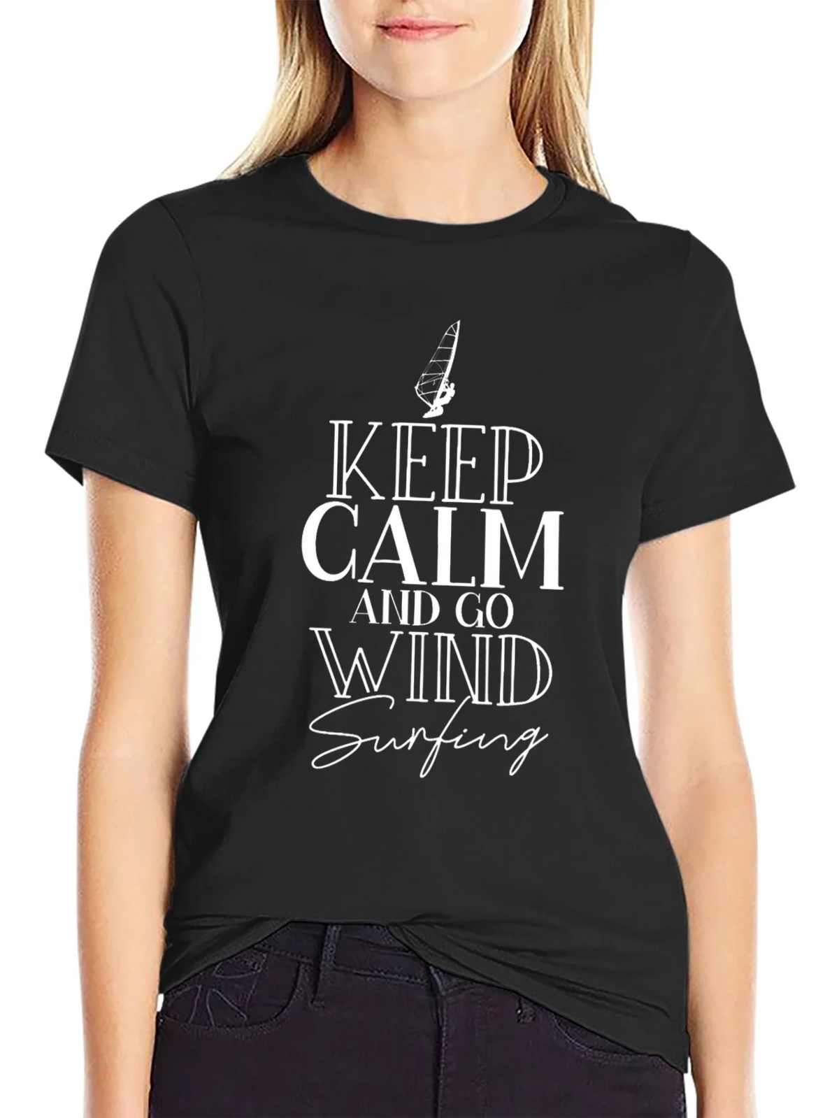 Keep Calm and Go Wind Surfing Black Graphic Tee product image 2