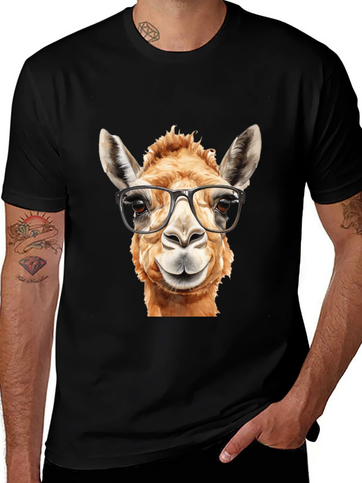 Llama with Glasses Black T-Shirt product image 1