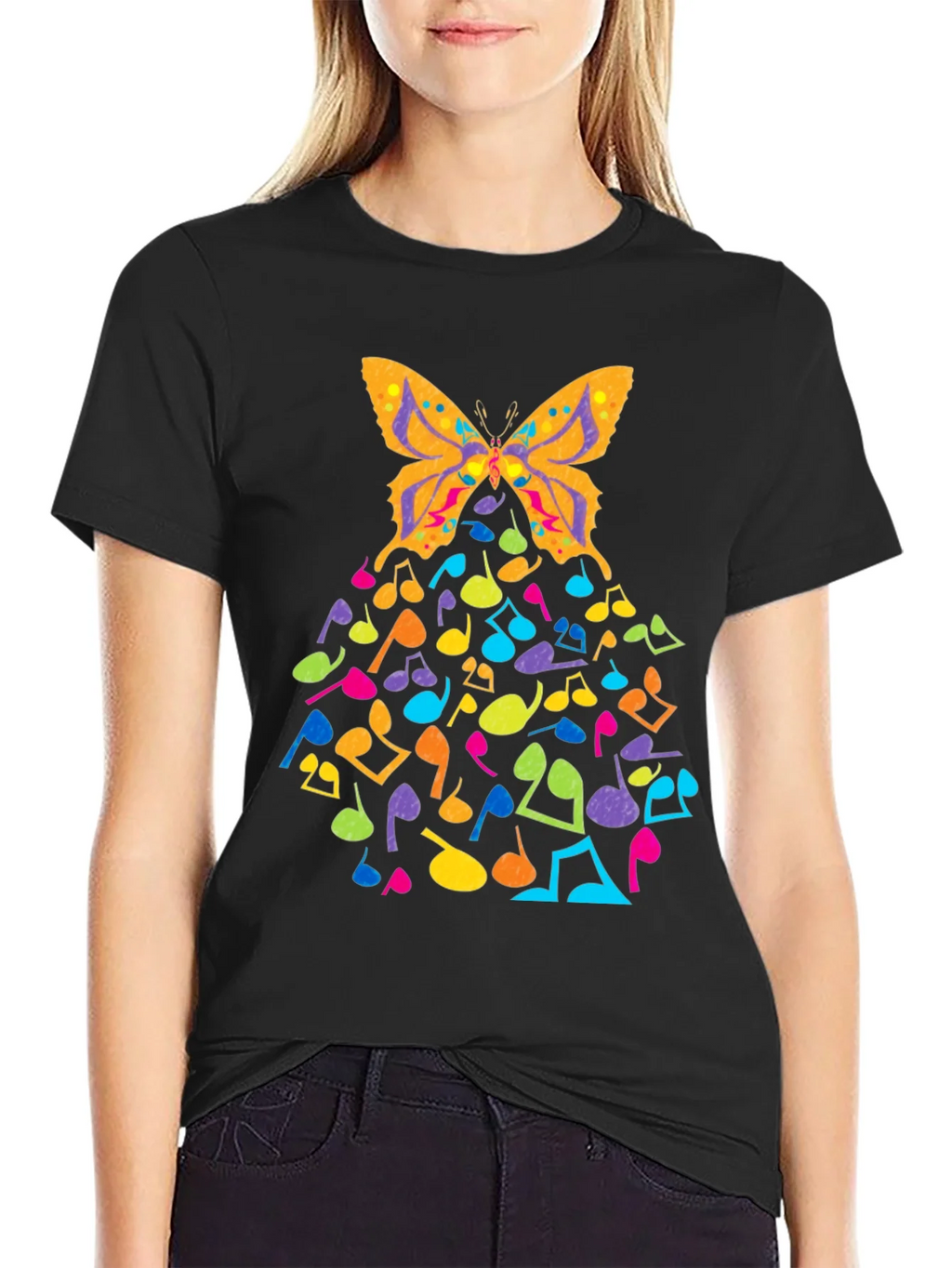 Butterfly Music Notes Graphic Black T-Shirt product image 2