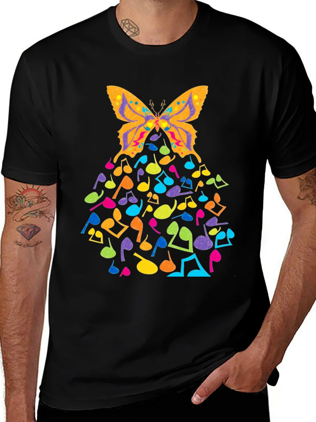 Butterfly Music Notes Graphic Black T-Shirt product image 1