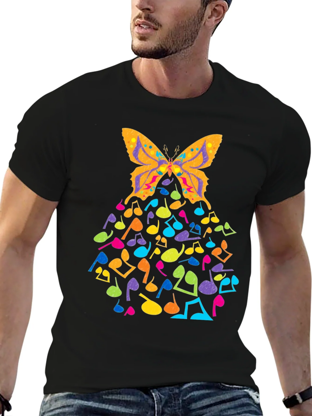 Butterfly Music Notes Graphic Black T-Shirt product image 6