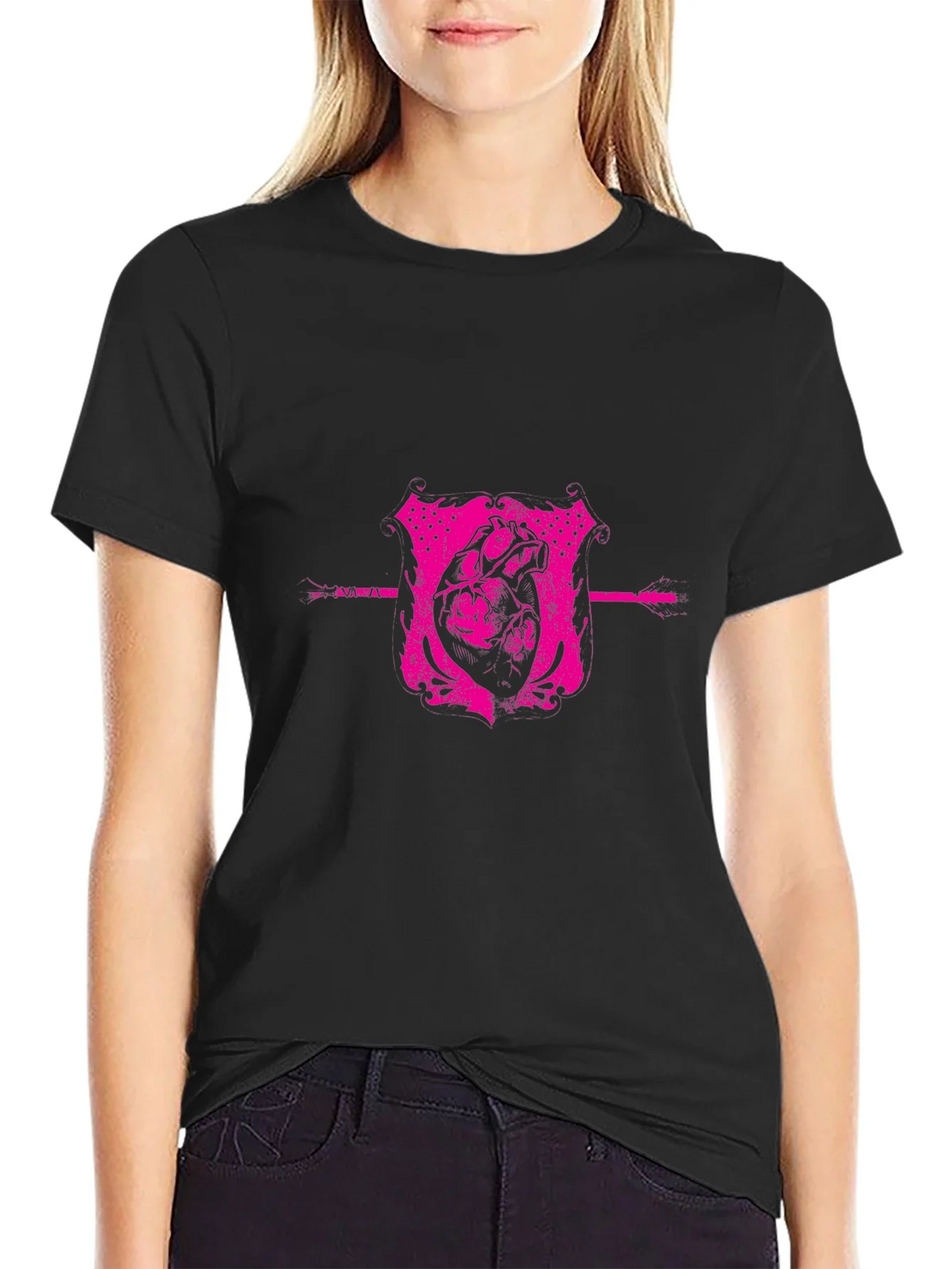 Pink Heart Crest Graphic Black T-Shirt product image 2