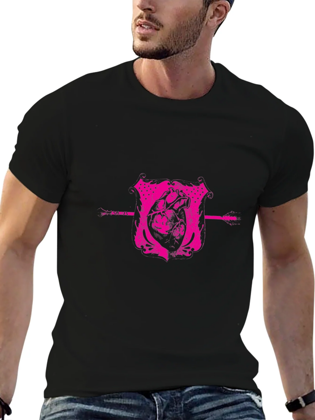 Pink Heart Crest Graphic Black T-Shirt product image 6